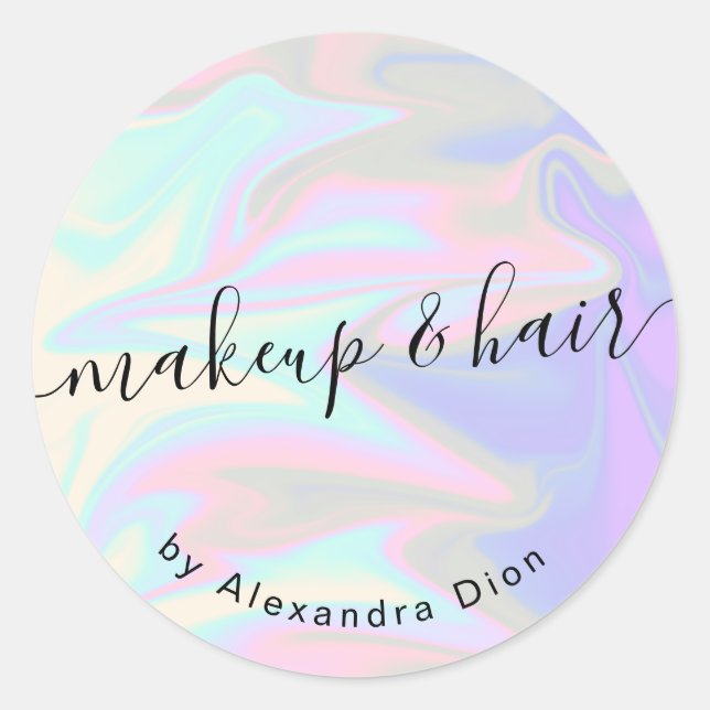 Stylish modern elegant holographic makeup & hair classic round sticker (Front)