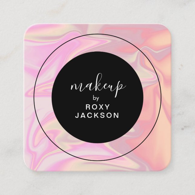 Stylish modern elegant holographic makeup square business card (Front)