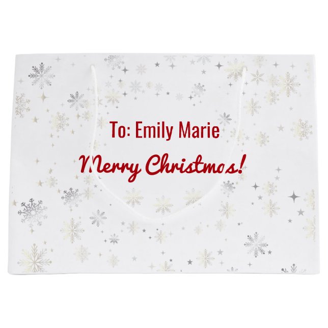 Stylish Modern Elegant Snowflakes Name Christmas Large Gift Bag (Front)