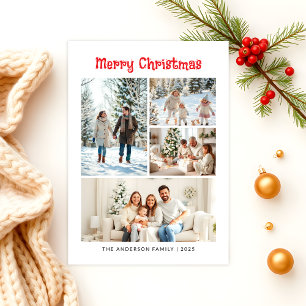 Stylish Modern Four Photo Collage Merry Christmas Holiday Card