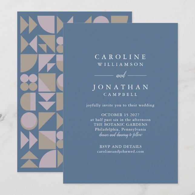 Stylish Modern Geometric Blue Taupe Lilac Wedding Invitation (Front/Back)