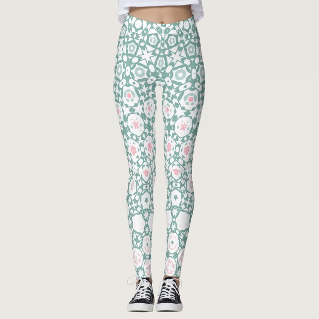 Stylish Modern Geometric Green Pink Leggings (Front)