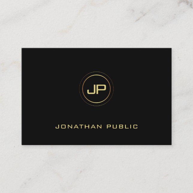 Stylish Modern Gold Monogram Black Template Top Business Card (Front)