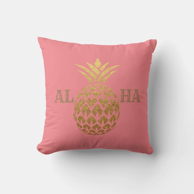 Stylish Modern Gold Pineapple Coral Pink Aloha Cushion (Front)