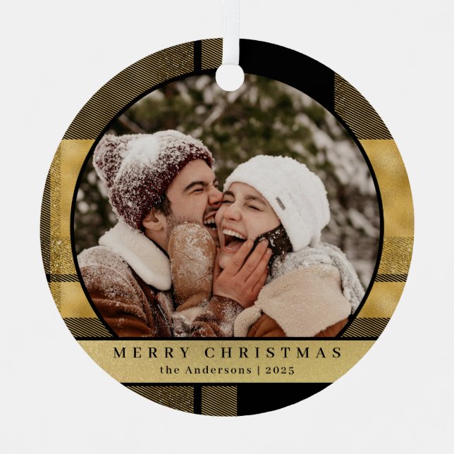 Stylish Modern Gold Plaid Christmas Couple Photo Metal Tree Decoration (Front)