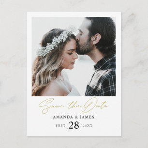 Stylish Modern Gold Script Photo Save the Date Announcement Postcard