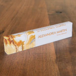 Stylish Modern Gold White Marble Agate Name Title Nameplate