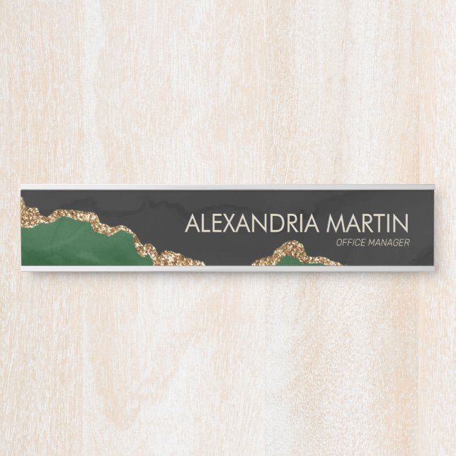 Stylish Modern Green Gold Glitter Black Marble Door Sign (Front)