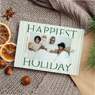 Stylish Modern Green Stripes Family Photo Happiest Holiday Card