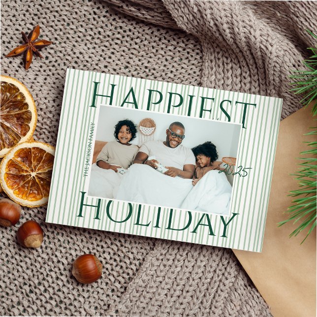Stylish Modern Green Stripes Family Photo Happiest Holiday Card (Creator Uploaded)