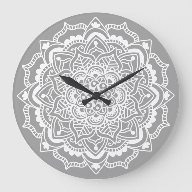 Stylish Modern Grey White Boho Bohemian Mandala Large Clock (Front)