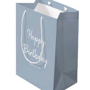 Stylish Modern Happy Birthday Blue Grey Medium Gift Bag