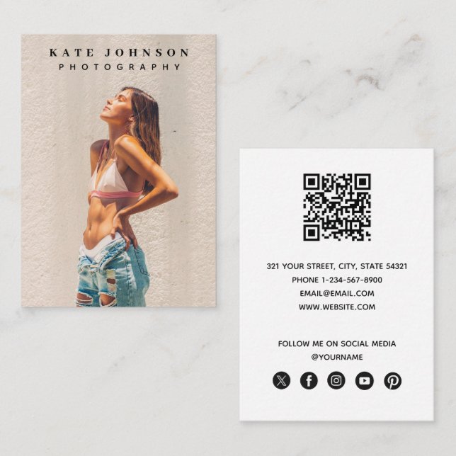 Stylish Modern Minimal Photo QR Code Social Media Business Card (Front/Back)