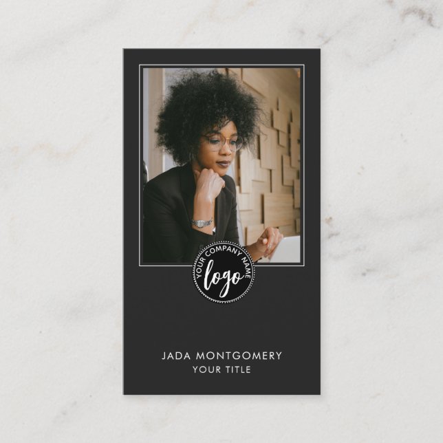 Stylish Modern Minimalist Photo Logo Black Business Card (Front)