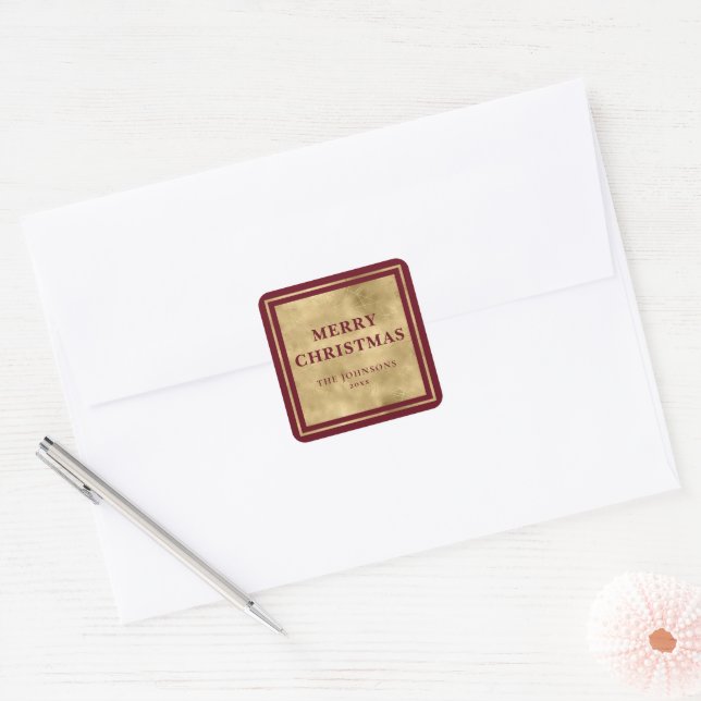 Stylish Modern Minimalist Red and Gold Christmas Square Sticker (Envelope)