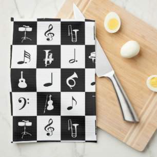 Stylish Modern Music Notes and Instruments Tea Towel