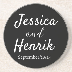 Stylish Modern Name Minimalist Wedding black colou Coaster