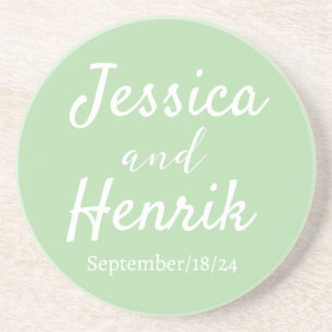 Stylish Modern Name Minimalist Wedding light Green Coaster