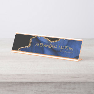 Stylish Modern Navy Blue Gold Glitter Marble Agate Desk Name Plate