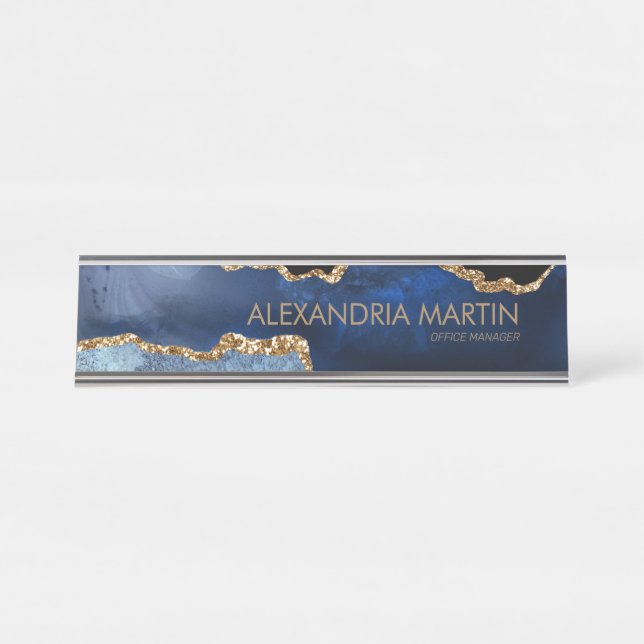 Stylish Modern Navy Blue Gold Glitter Marble Desk Name Plate (Front)
