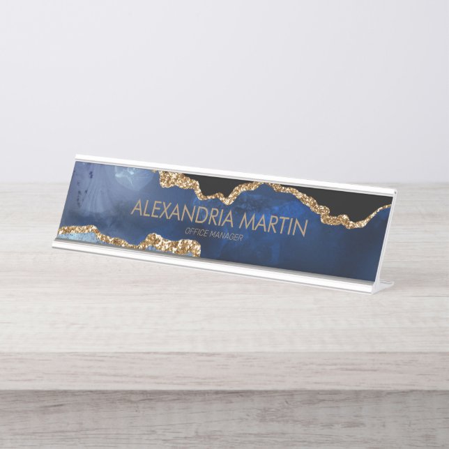 Stylish Modern Navy Blue Gold Glitter Office Desk Name Plate (Front)