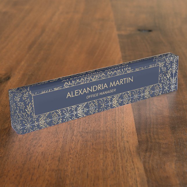 Stylish Modern Navy Blue Gold Leaves Professional  Nameplate (Side)