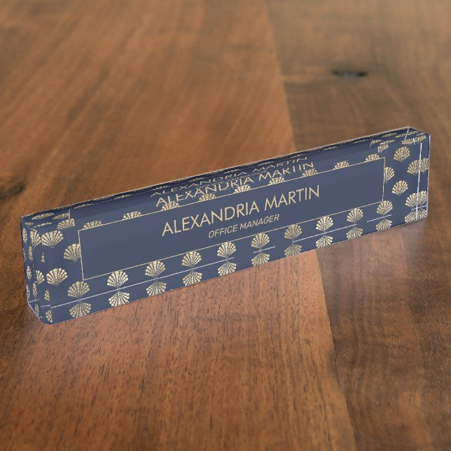 Stylish Modern Navy Blue Gold Seashells Beach Nameplate (Side)