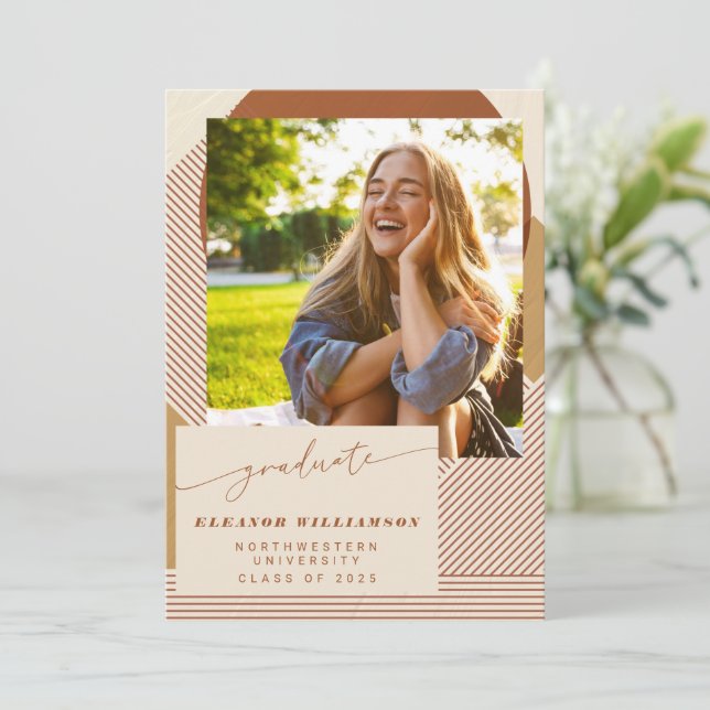 Stylish Modern Neutral Geometric Photo Graduation Announcement (Standing Front)