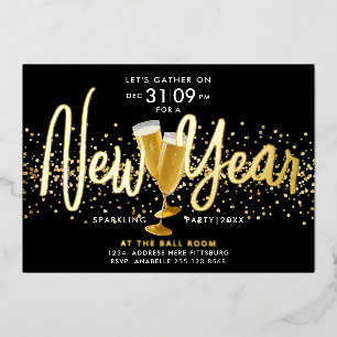 Stylish Modern New Year Champagne Confetti Black Foil Holiday Card
