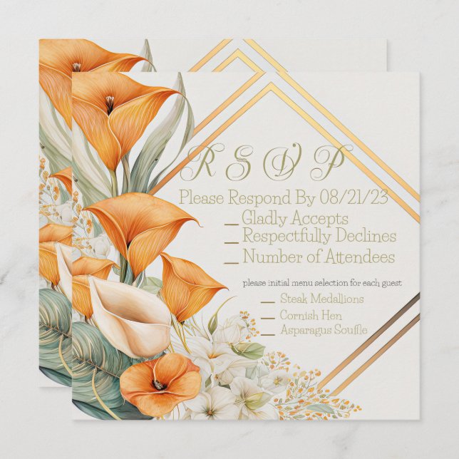 Stylish Modern Orange and Ivory Calla Lily RSVP Card (Front/Back)