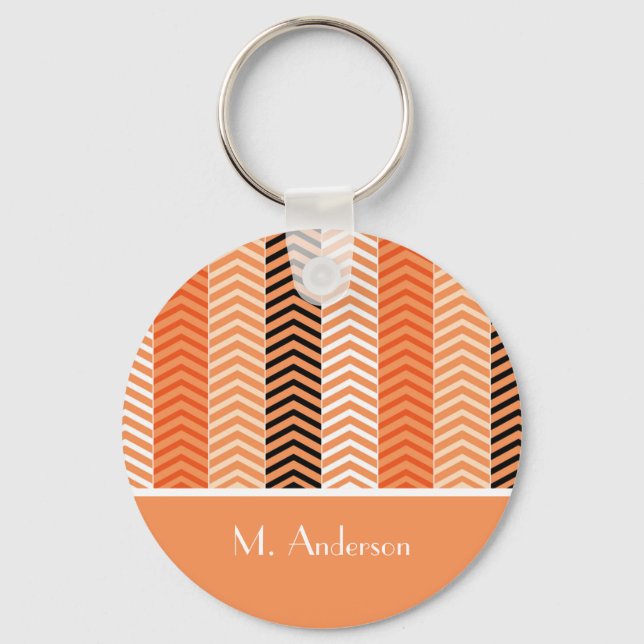 Stylish Modern Orange Chevron Stripes With Name Key Ring (Front)