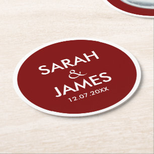 STYLISH MODERN PERSONALIZED NAME DARK RED WEDDING ROUND PAPER COASTER