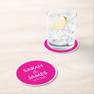 STYLISH MODERN PERSONALIZED NAME HOT PINK WEDDING ROUND PAPER COASTER