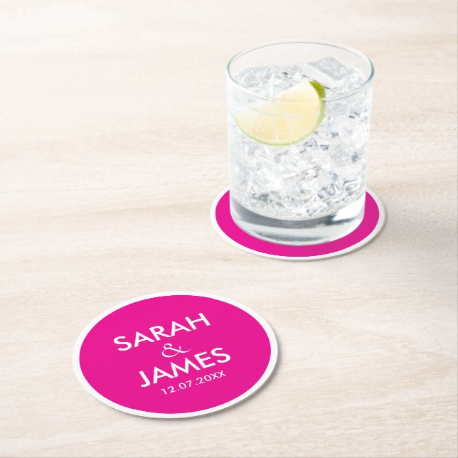 STYLISH MODERN PERSONALIZED NAME HOT PINK WEDDING ROUND PAPER COASTER (Insitu)