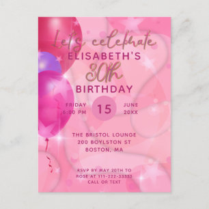 Stylish Modern Pink Balloons Birthday Party Invite Postcard