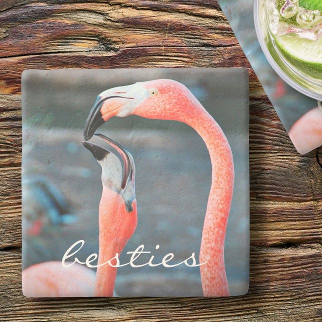 Stylish Modern Pink Flamingos Photo Besties Script Stone Coaster (Creator Uploaded)