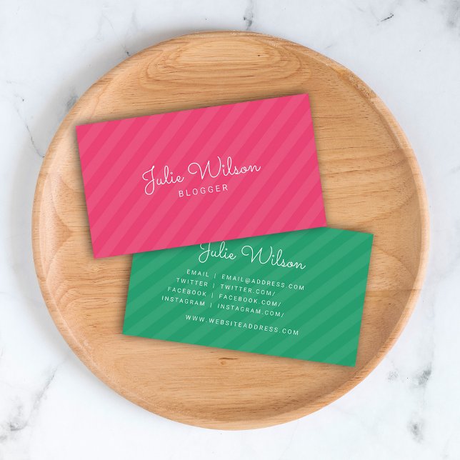 Stylish Modern Pink & Green Stripes Social Media Business Card (Creator Uploaded)