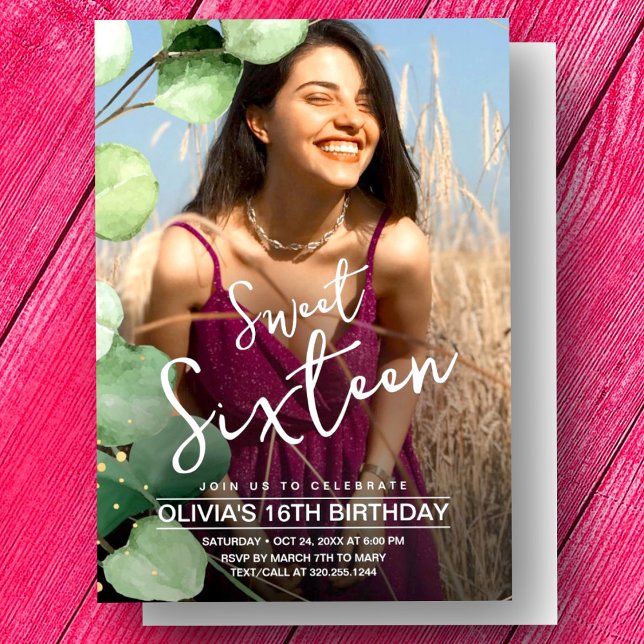 Stylish modern pink green sweet 16 birthday photo invitation (Creator Uploaded)