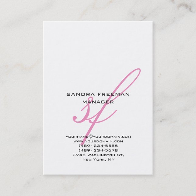 Stylish modern pink white handwriting monogram business card (Front)