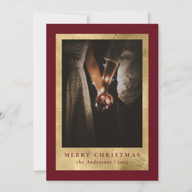 Stylish Modern Red & Gold Christmas Family Photo Holiday Card (Front)