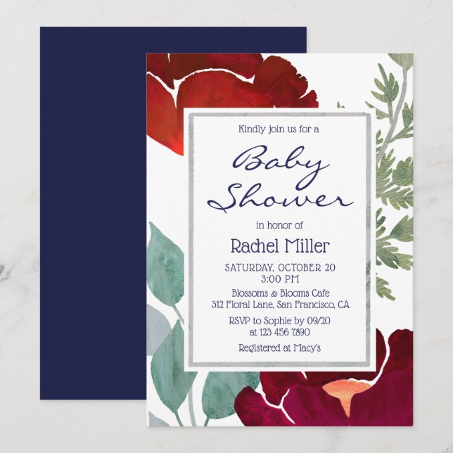 Stylish Modern Red Watercolor Floral Baby Shower Invitation (Front/Back)