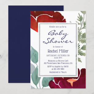 Stylish Modern Red Watercolor Floral Baby Shower Invitation