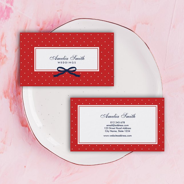 Stylish Modern Red & White Polka Dot Blue Ribbon Business Card (Creator Uploaded)