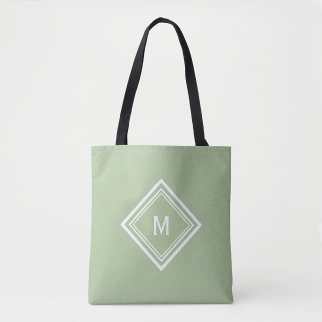 Stylish Modern Sage Green Custom Monogram Tote Bag (Front)