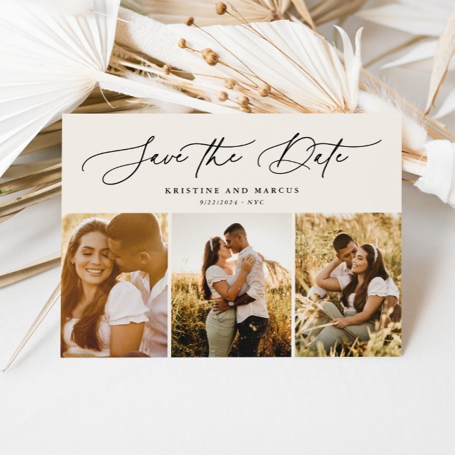 Stylish Modern Script 3-Photo Multi Beige Save The Date (Creator Uploaded)
