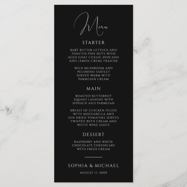 Stylish Modern Script Black And White Wedding Menu (Front)