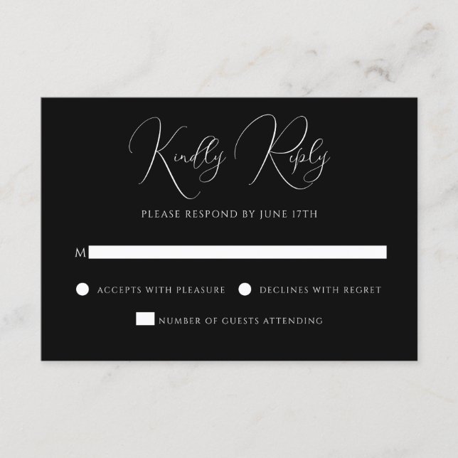 Stylish Modern Script Black And White Wedding RSVP Card (Front)