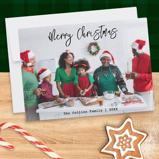 Stylish Modern Script Photo Merry Christmas Holiday Card (A stylish Christmas card template for you to add your own photo, name(s) and the year number)