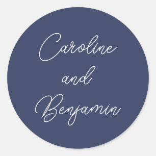 Stylish Modern Script Wedding Names Navy Blue Classic Round Sticker