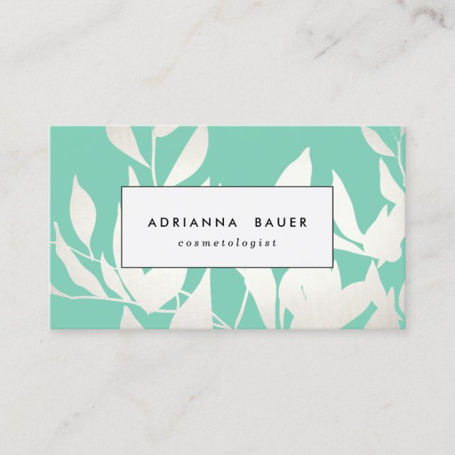 Stylish Modern Silver & Mint Green Leaves Pattern Business Card (Front)